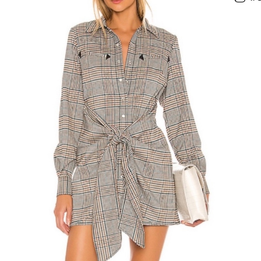 L'Academie Plaid Mini Shirt Dress in Beige and Black